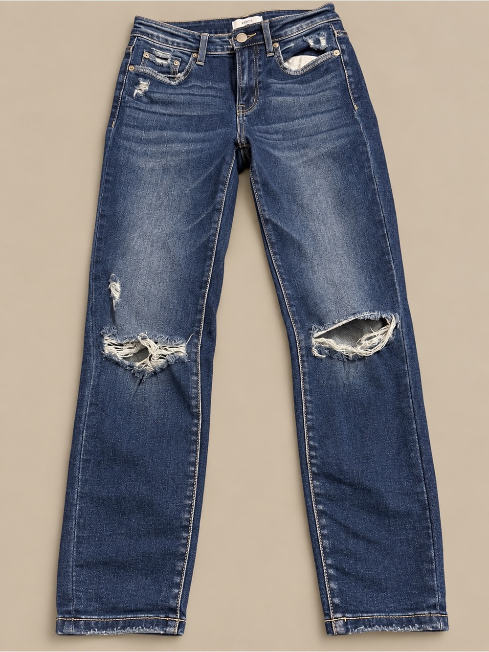 Zenana Outfitters Women's Distressed Dark Blue Straight-Leg Jeans